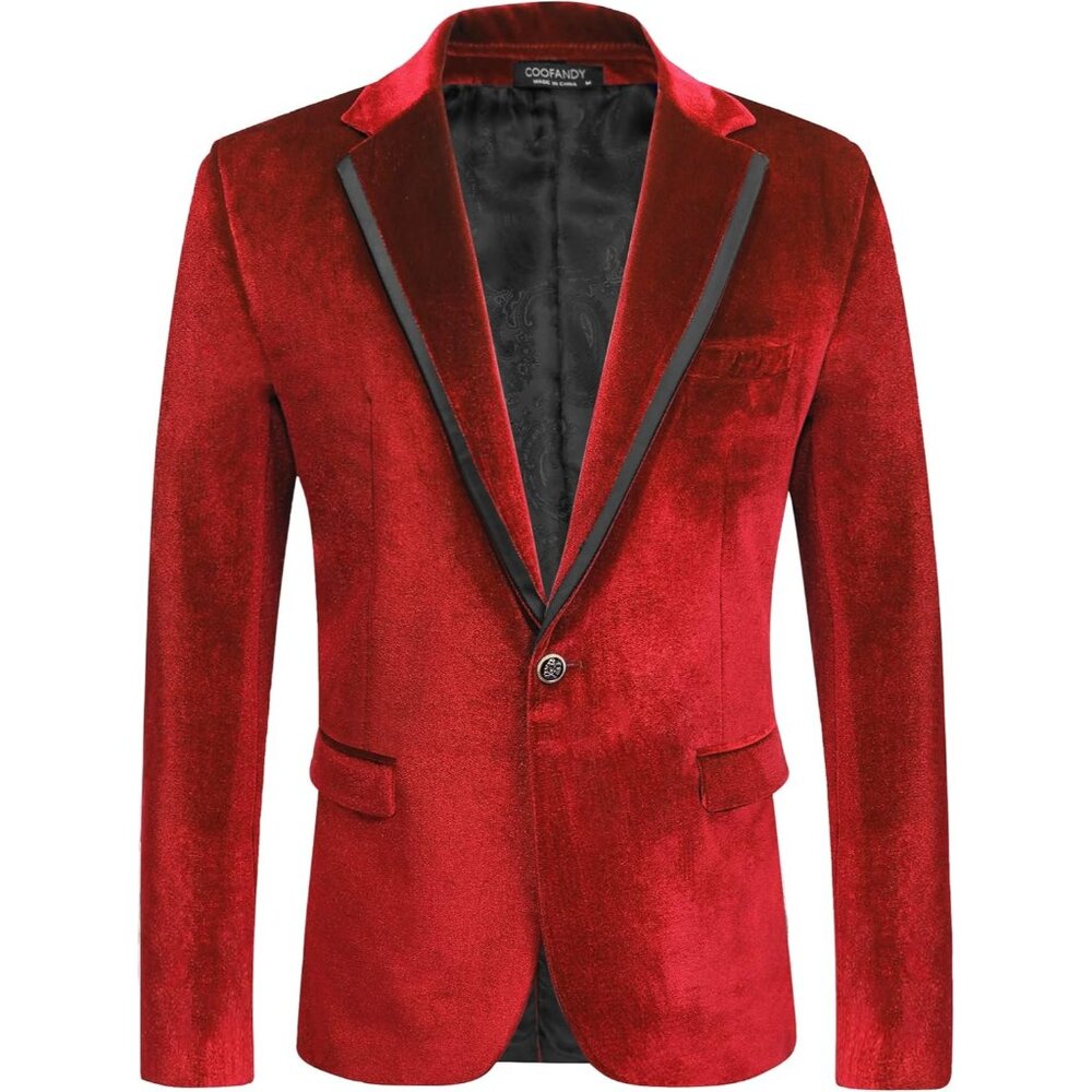 Men's Velvet Blazer Notched Lapel One Button Velour Tuxedo Jacket for Wedding